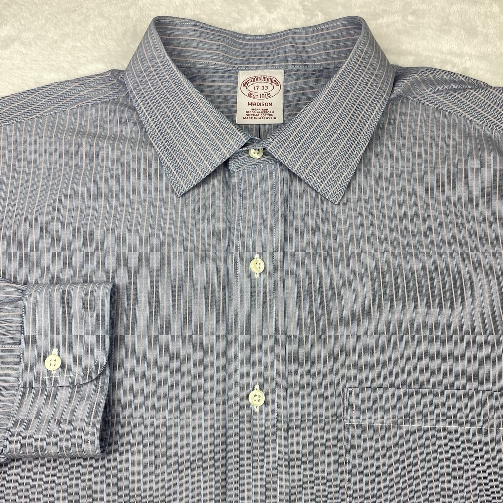 Brooks Brothers Dress Shirt Mens 17-33 Blue w/Pink Stripes Madison Fit No Iron